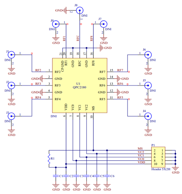 应用电路图 - Qorvo QPC2180 0.1GHz至8.0GHz SOI 0SP8T开关